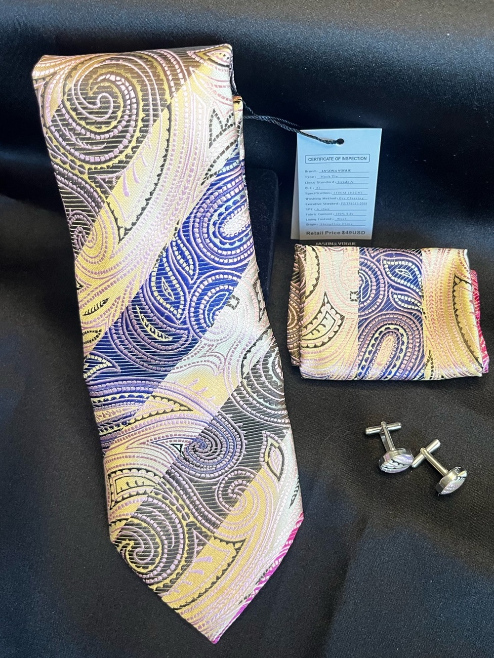 Men's Paisley Silk Tie Set in Purple, Gold & Brown - Picture 4 of 4